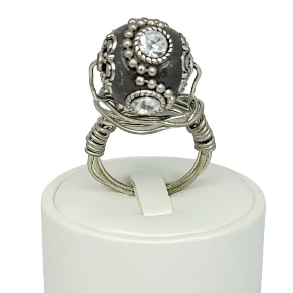 Rhinestone Spinner Cocktail Ring Sz 10 Silver Tone Boho Artesian Bohemian - Picture 1 of 14
